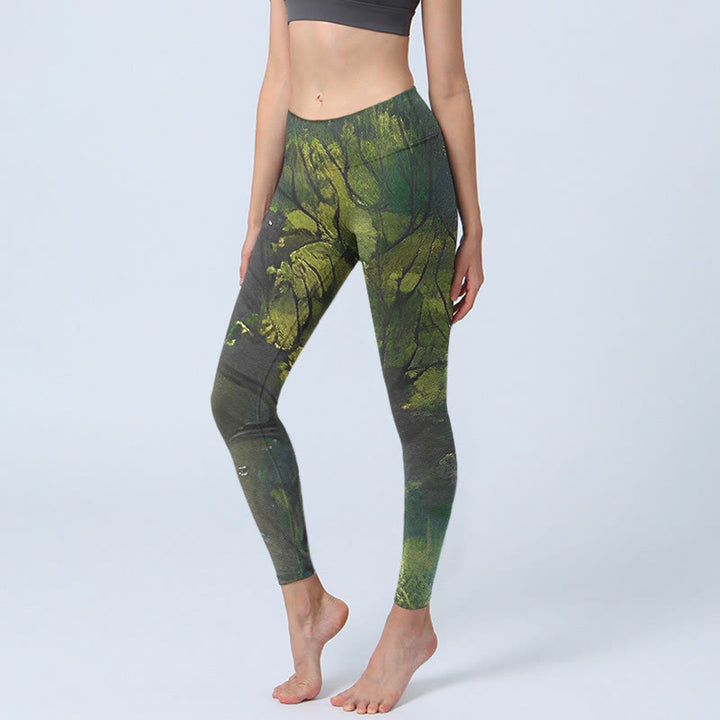 Buddha Stones ForestGreen Leaves Black Lines Print Exercise Leggings Women's Yoga Pants