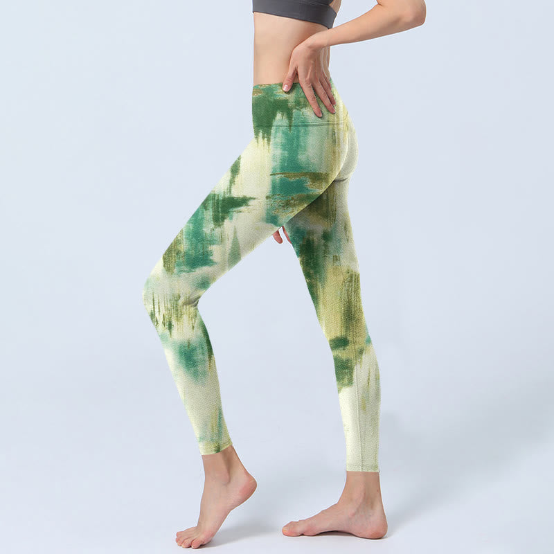 Buddha Stones Beige Green Tie Dye Print Exercise Leggings Women's Yoga Pants