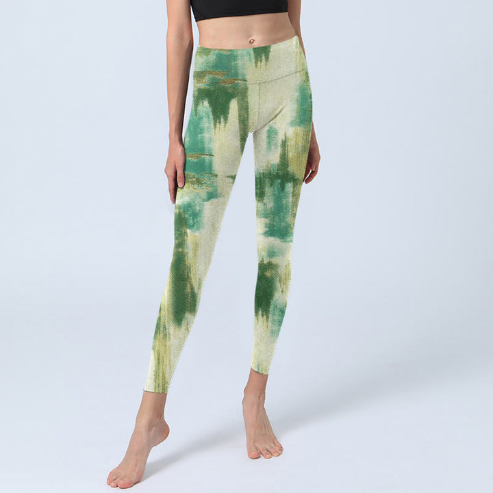 Buddha Stones Beige Green Tie Dye Print Exercise Leggings Women's Yoga Pants