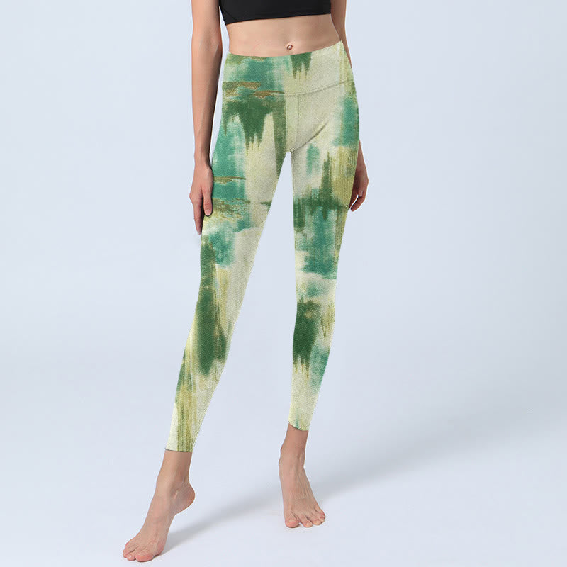 Buddha Stones Beige Green Tie Dye Print Exercise Leggings Women's Yoga Pants