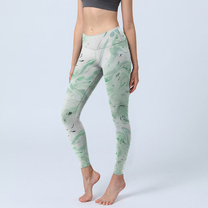 Buddha Stones Honeydew Green White Flow Line Print Exercise Leggings Women's Yoga Pants