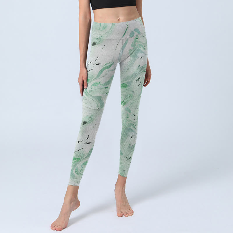 Buddha Stones Honeydew Green White Flow Line Print Exercise Leggings Women's Yoga Pants