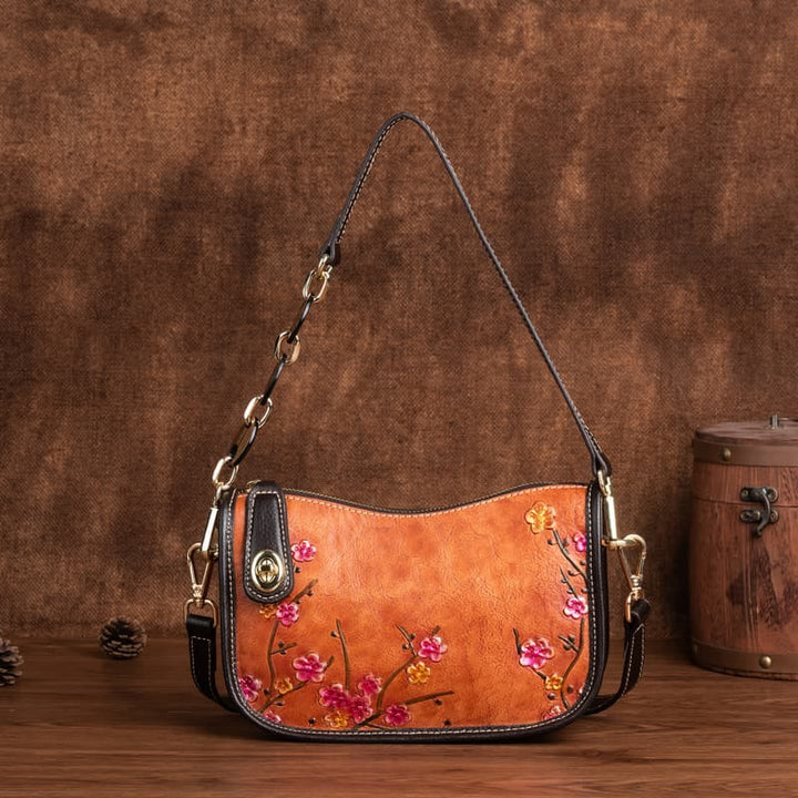 Buddha Stones Pink Plum Blossom Printed Leather Bag Journey Shopping Purse Handbag Shoulder Bag Crossbody Bag