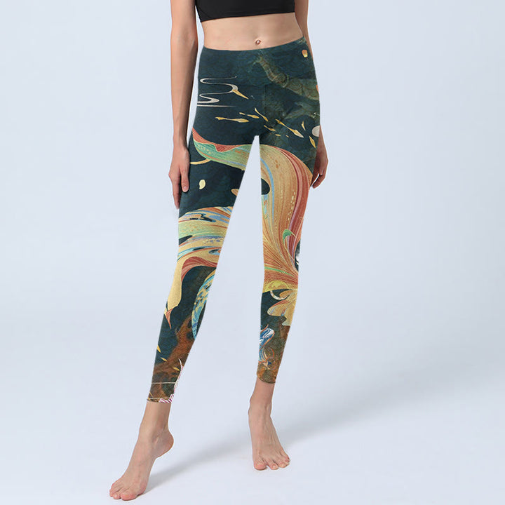 Buddha Stones Dark Slate Gray Double Koi Fish Sky Lantern Tower Exercise Leggings Women's Yoga Pants - image 5