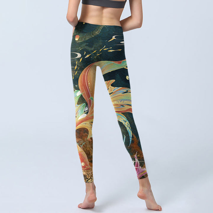 Buddha Stones Dark Slate Gray Double Koi Fish Sky Lantern Tower Exercise Leggings Women's Yoga Pants