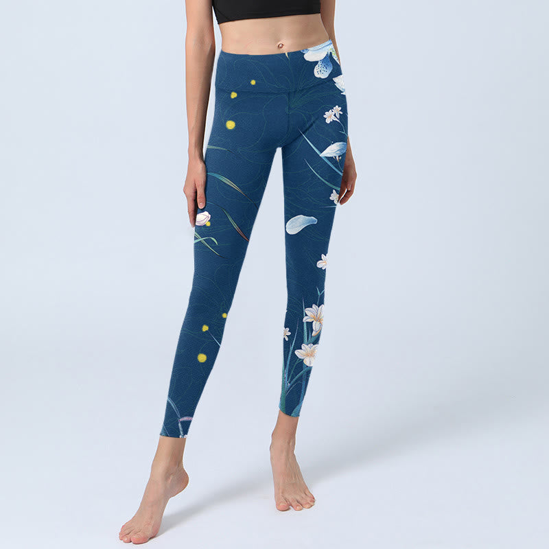 Buddha Stones SteelBlue Small White Flowers Butterfly Exercise Leggings Women's Yoga Pants