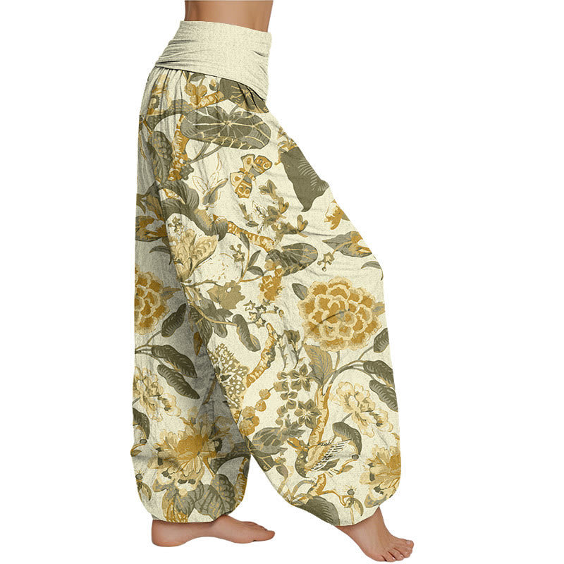 Buddha Stones Lotus Leaf Peony Pattern Women's Elastic Waist Harem Pants