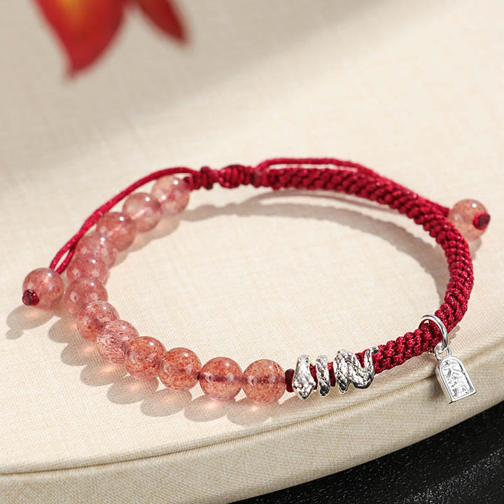 Buddha Stones Natural Strawberry Quartz Silver Sheen Obsidian Year of the Snake String Protection Braided Bracelet