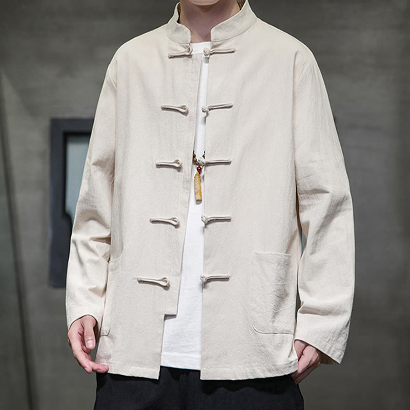 Buddha Stones Simple Frog-Button Chinese Tang Suit Cotton Men Jacket Shirt With Pockets - image 10