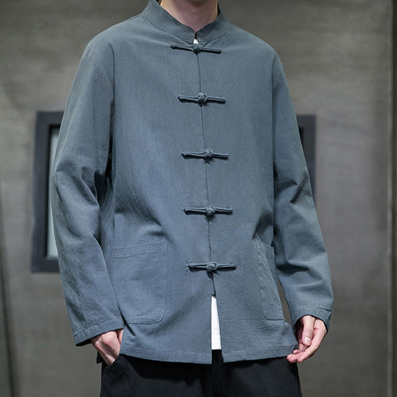 Buddha Stones Simple Frog-Button Chinese Tang Suit Cotton Men Jacket Shirt With Pockets - image 15