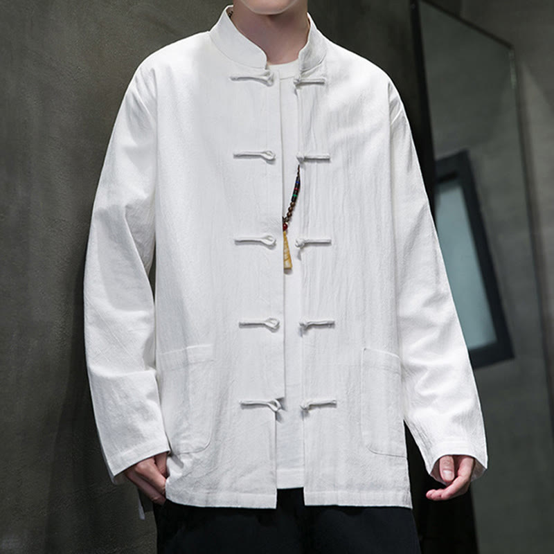 Buddha Stones Simple Frog-Button Chinese Tang Suit Cotton Men Jacket Shirt With Pockets - image 4