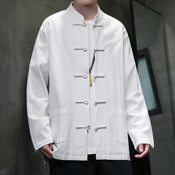 Buddha Stones Simple Frog-Button Chinese Tang Suit Cotton Men Jacket Shirt With Pockets - image 4