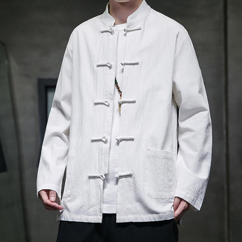 Buddha Stones Simple Frog-Button Chinese Tang Suit Cotton Men Jacket Shirt With Pockets - image 1