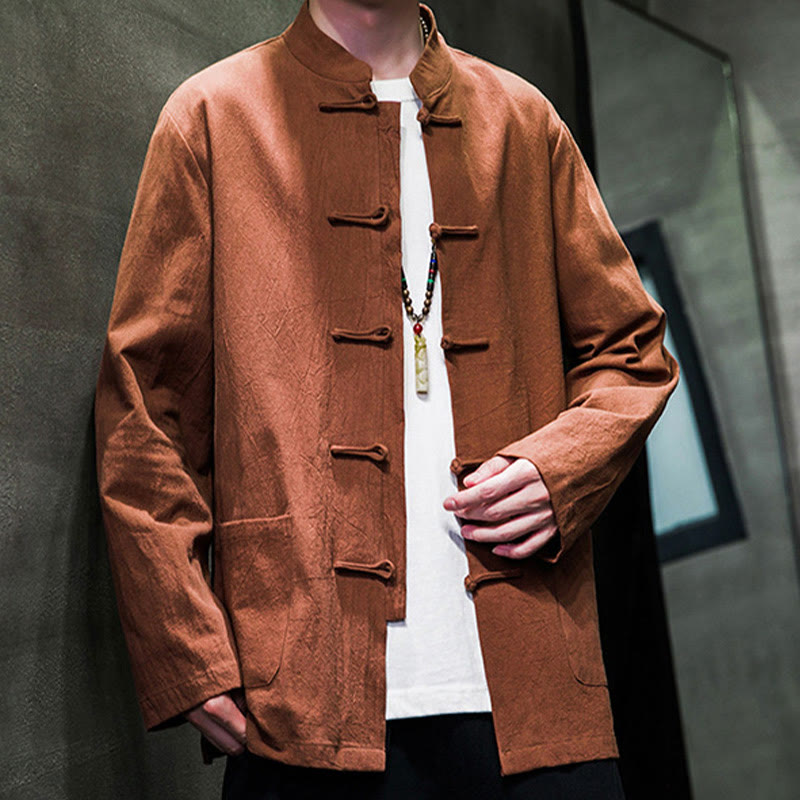 Buddha Stones Simple Frog-Button Chinese Tang Suit Cotton Men Jacket Shirt With Pockets - image 27