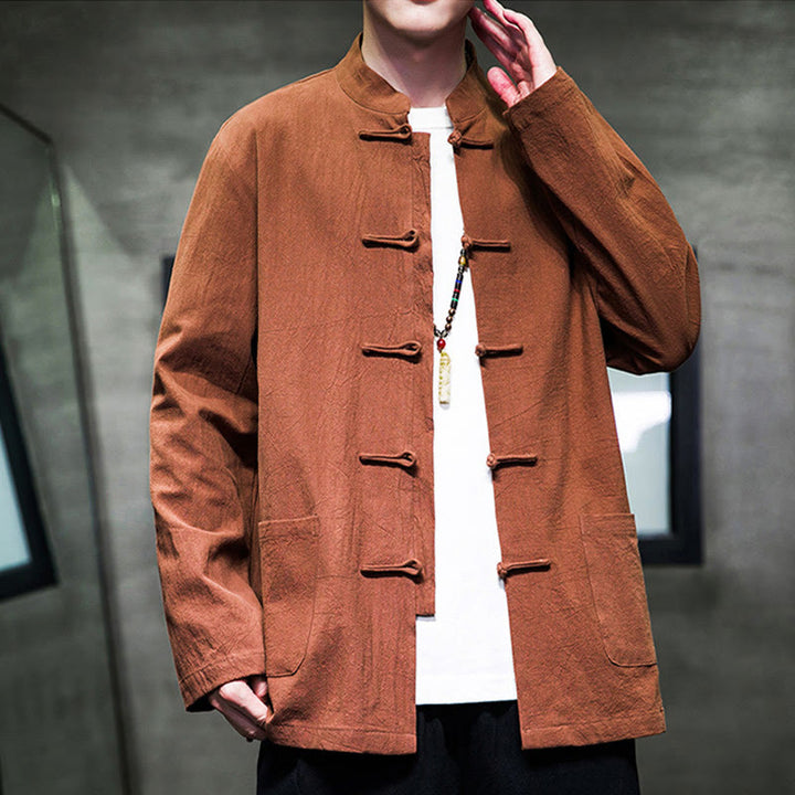 Buddha Stones Simple Frog-Button Chinese Tang Suit Cotton Men Jacket Shirt With Pockets - image 25