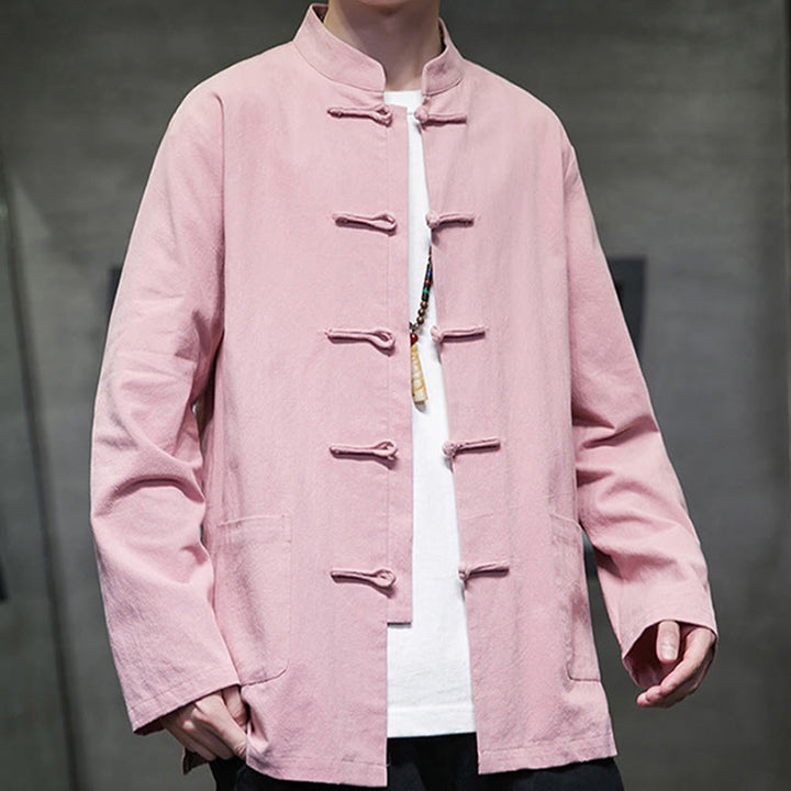 Buddha Stones Simple Frog-Button Chinese Tang Suit Cotton Men Jacket Shirt With Pockets - image 33