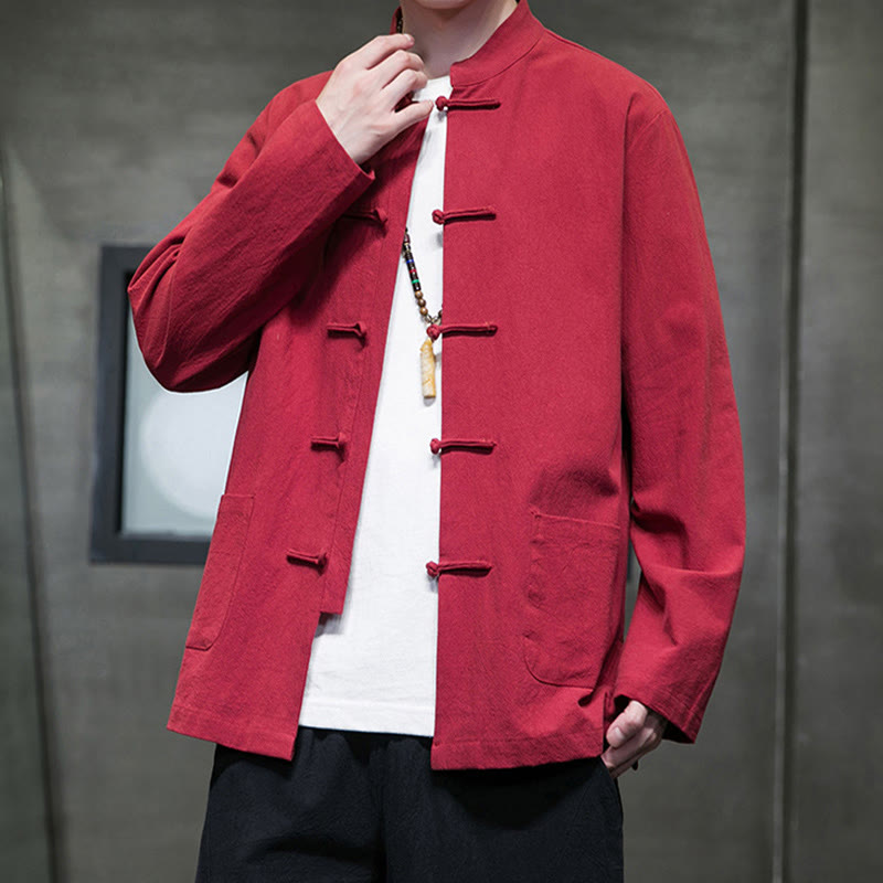 Buddha Stones Simple Frog-Button Chinese Tang Suit Cotton Men Jacket Shirt With Pockets - image 43