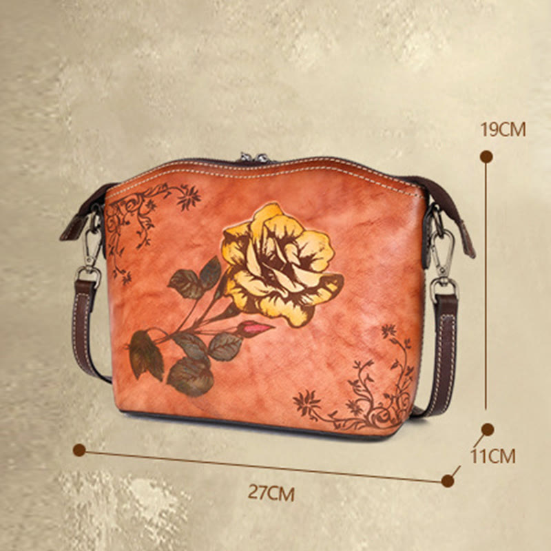 Buddha Stones Retro Rose Printed Leather Bag Journey Shopping Purse Handbag Shoulder Bag Crossbody Bag