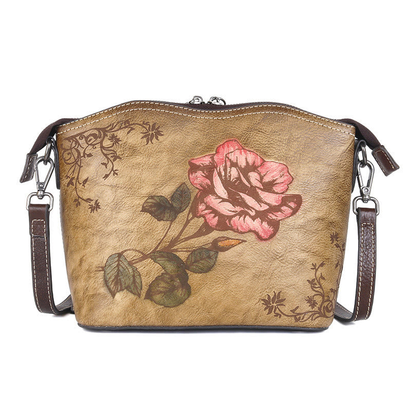 Buddha Stones Retro Rose Printed Leather Bag Journey Shopping Purse Handbag Shoulder Bag Crossbody Bag