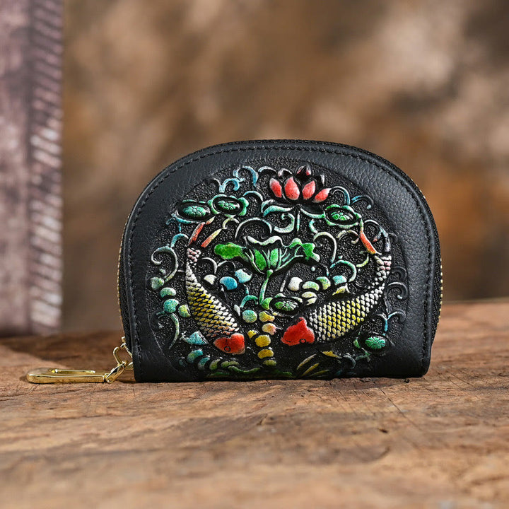 Buddha Stones Koi Fish Flowers Printed Leather Bag Journey Shopping Card Holder Purse Handbag