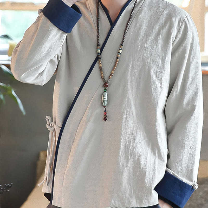 Buddha Stones Fall Colorblock Long Sleeve Shirt Linen Lace-up Men Clothing - image 15