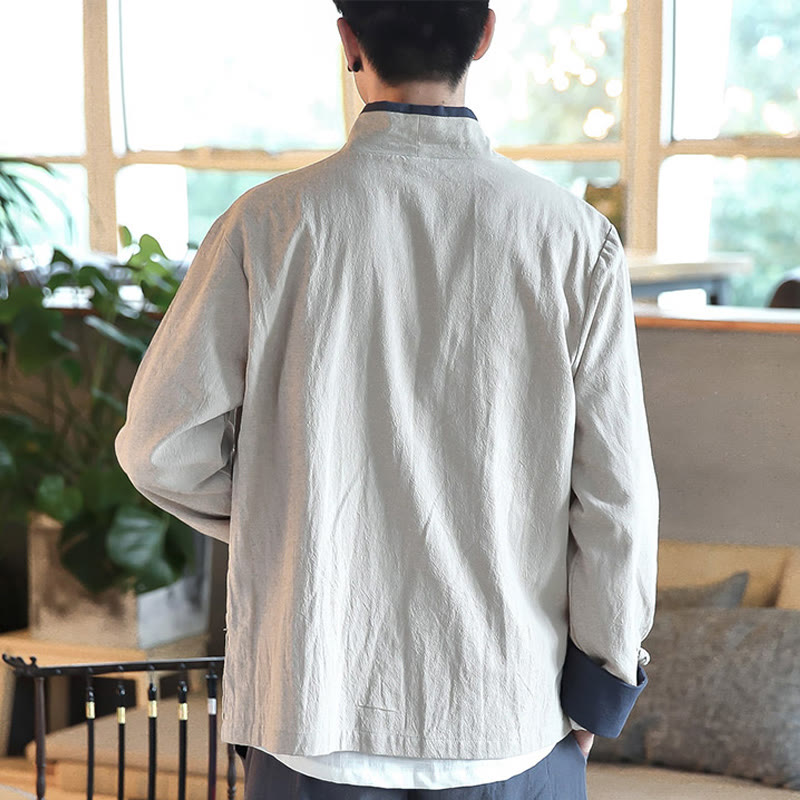 Buddha Stones Fall Colorblock Long Sleeve Shirt Linen Lace-up Men Clothing - image 12