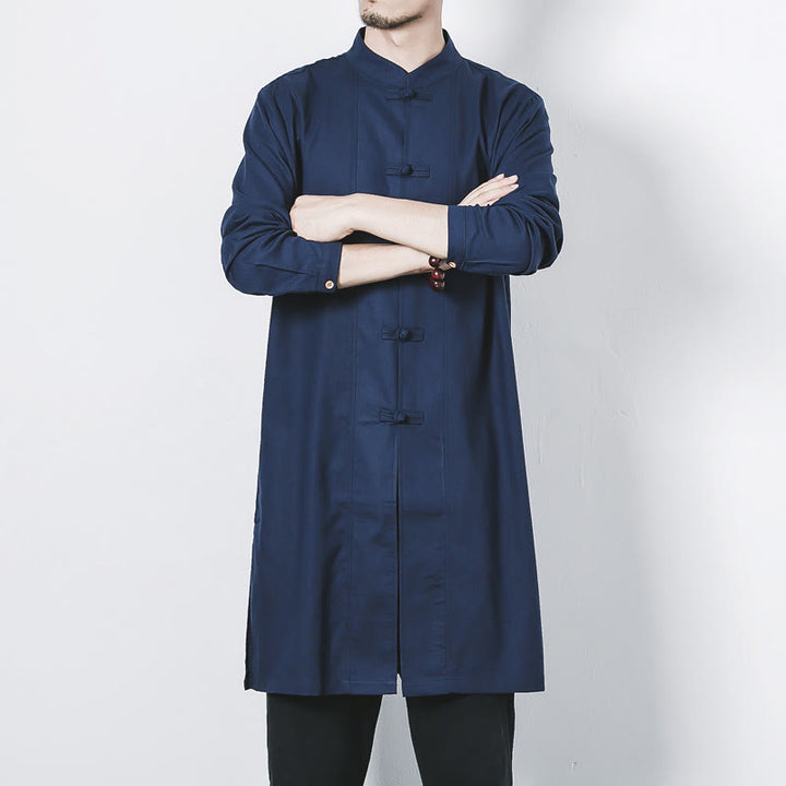 Buddha Stones Fall Simple Frog-Button Linen Men's Mid-length Coat Zen Clothing - image 7