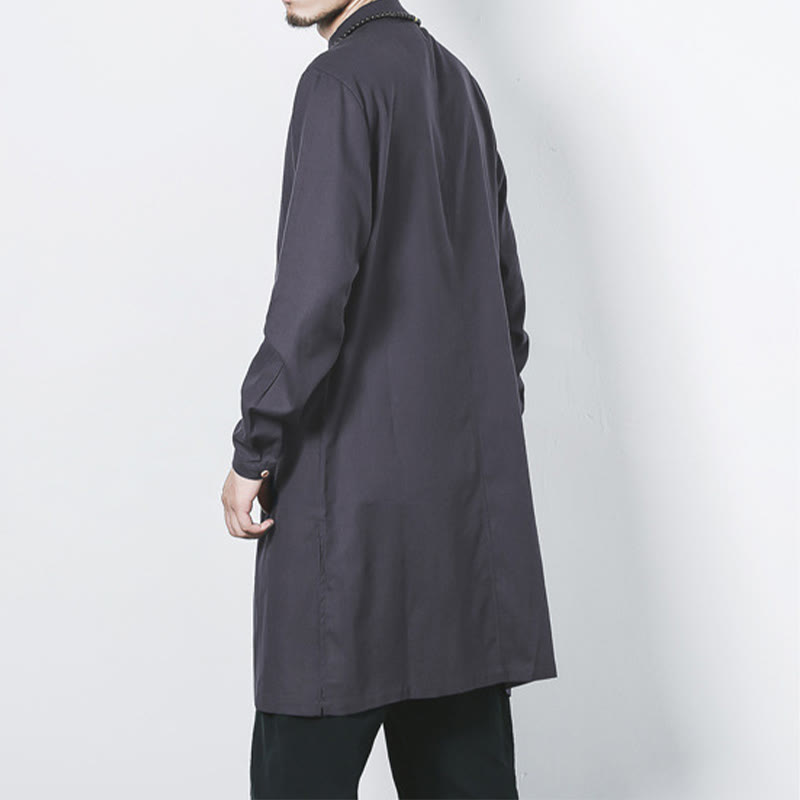 Buddha Stones Fall Simple Frog-Button Linen Men's Mid-length Coat Zen Clothing