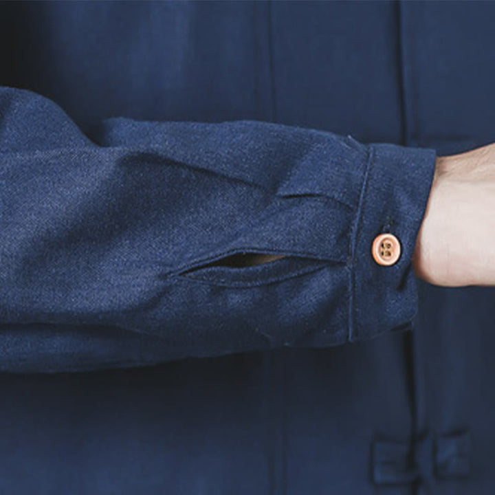 Buddha Stones Fall Simple Frog-Button Linen Men's Mid-length Coat Zen Clothing - image 11