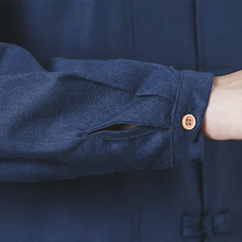 Buddha Stones Fall Simple Frog-Button Linen Men's Mid-length Coat Zen Clothing - image 11