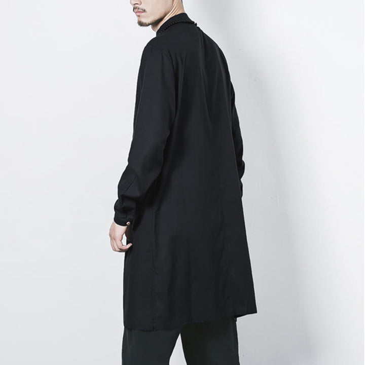 Buddha Stones Fall Simple Frog-Button Linen Men's Mid-length Coat Zen Clothing - image 19
