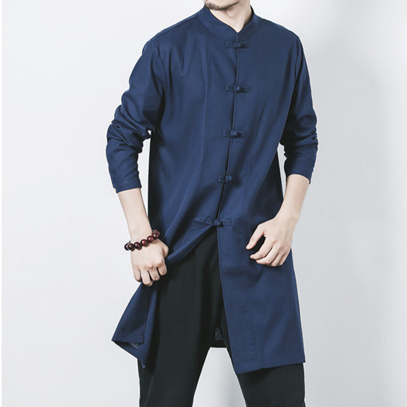 Buddha Stones Fall Simple Frog-Button Linen Men's Mid-length Coat Zen Clothing