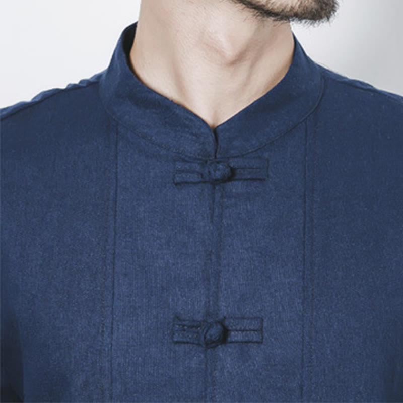 Buddha Stones Fall Simple Frog-Button Linen Men's Mid-length Coat Zen Clothing - image 9
