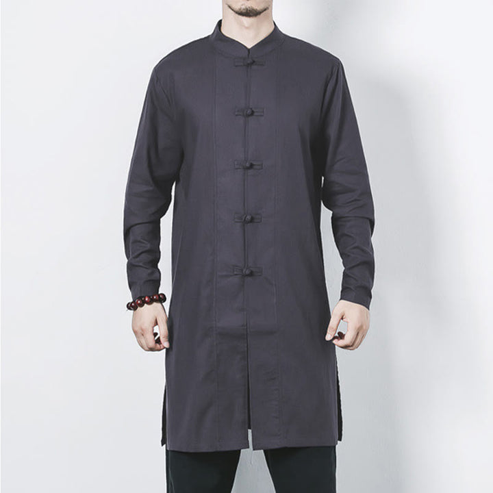 Buddha Stones Fall Simple Frog-Button Linen Men's Mid-length Coat Zen Clothing