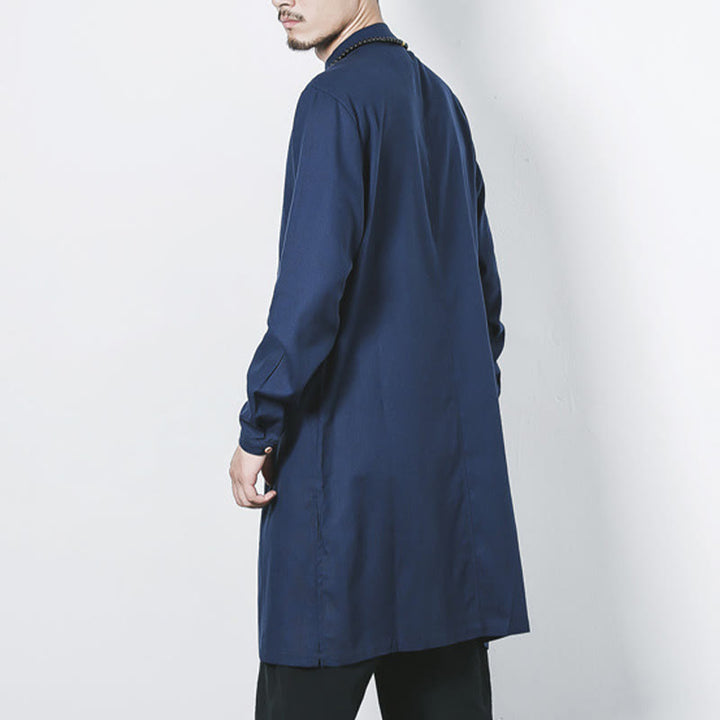 Buddha Stones Fall Simple Frog-Button Linen Men's Mid-length Coat Zen Clothing