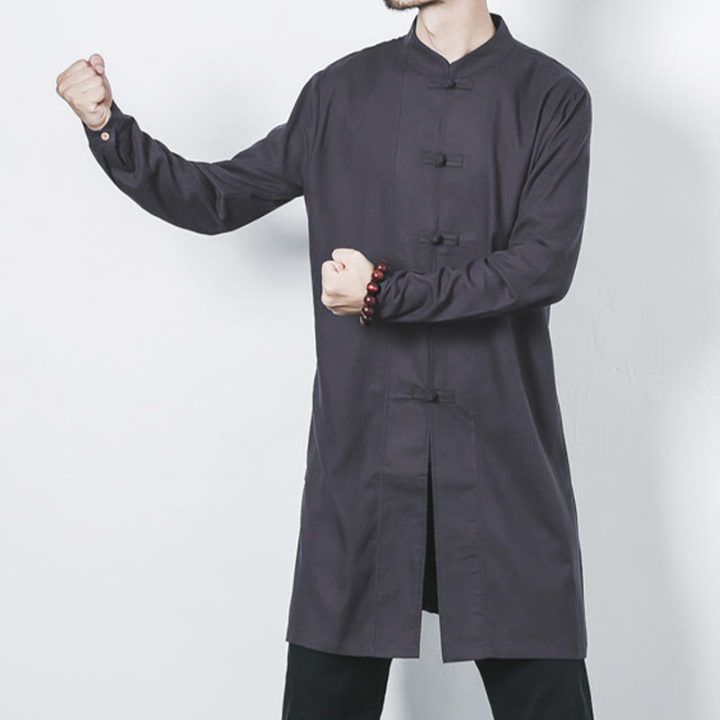 Buddha Stones Fall Simple Frog-Button Linen Men's Mid-length Coat Zen Clothing - image 25