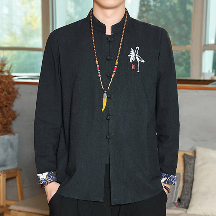 Buddha Stones Fall Solid Long Sleeve Frog-Button Shirt Linen Men Zen Clothing - Black - US/UK/AU46，EU56 (5XL) - image 15