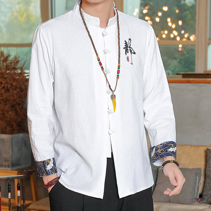 Buddha Stones Fall Solid Long Sleeve Frog-Button Shirt Linen Men Zen Clothing - image 1