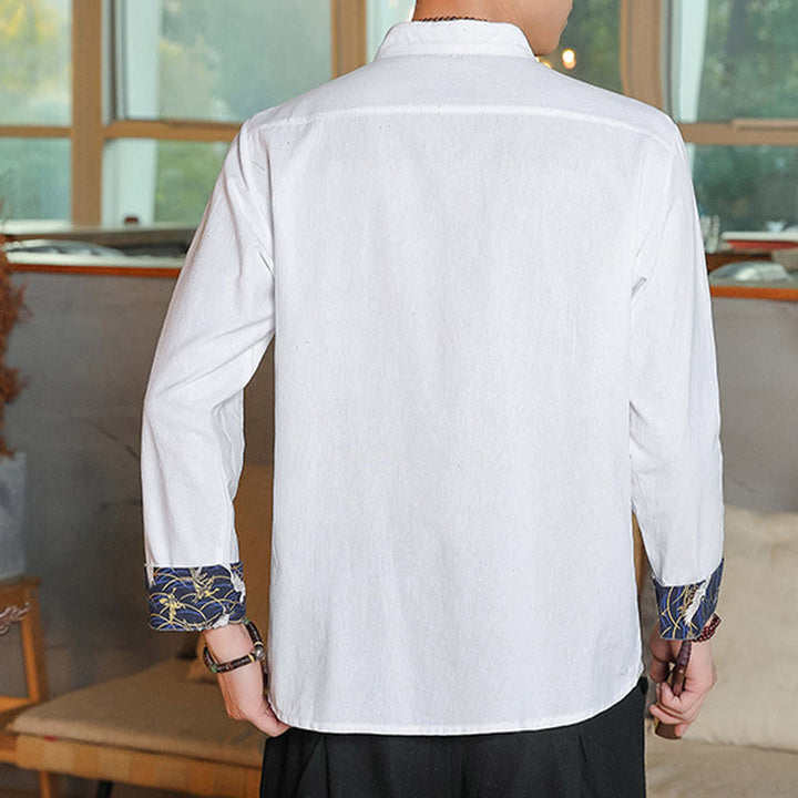 Buddha Stones Fall Solid Long Sleeve Frog-Button Shirt Linen Men Zen Clothing