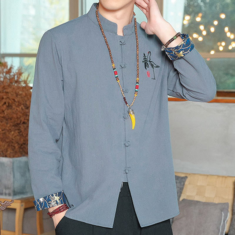 Buddha Stones Fall Solid Long Sleeve Frog-Button Shirt Linen Men Zen Clothing - image 11