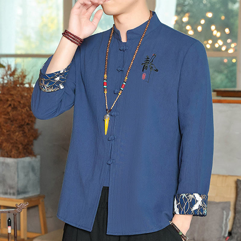 Buddha Stones Fall Solid Long Sleeve Frog-Button Shirt Linen Men Zen Clothing - image 25