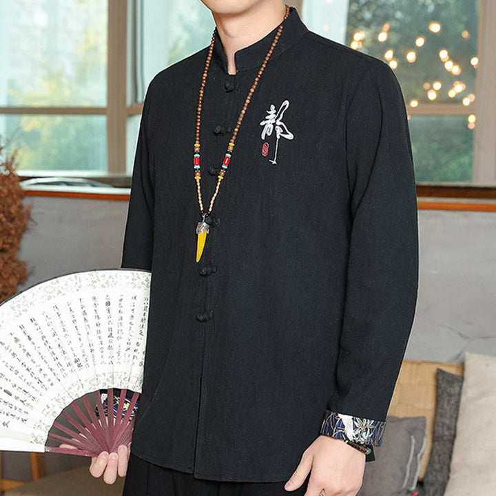 Buddha Stones Fall Solid Long Sleeve Frog-Button Shirt Linen Men Zen Clothing - image 18