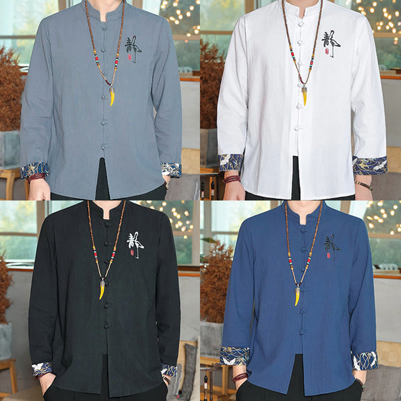 Buddha Stones Fall Solid Long Sleeve Frog-Button Shirt Linen Men Zen Clothing - image 29