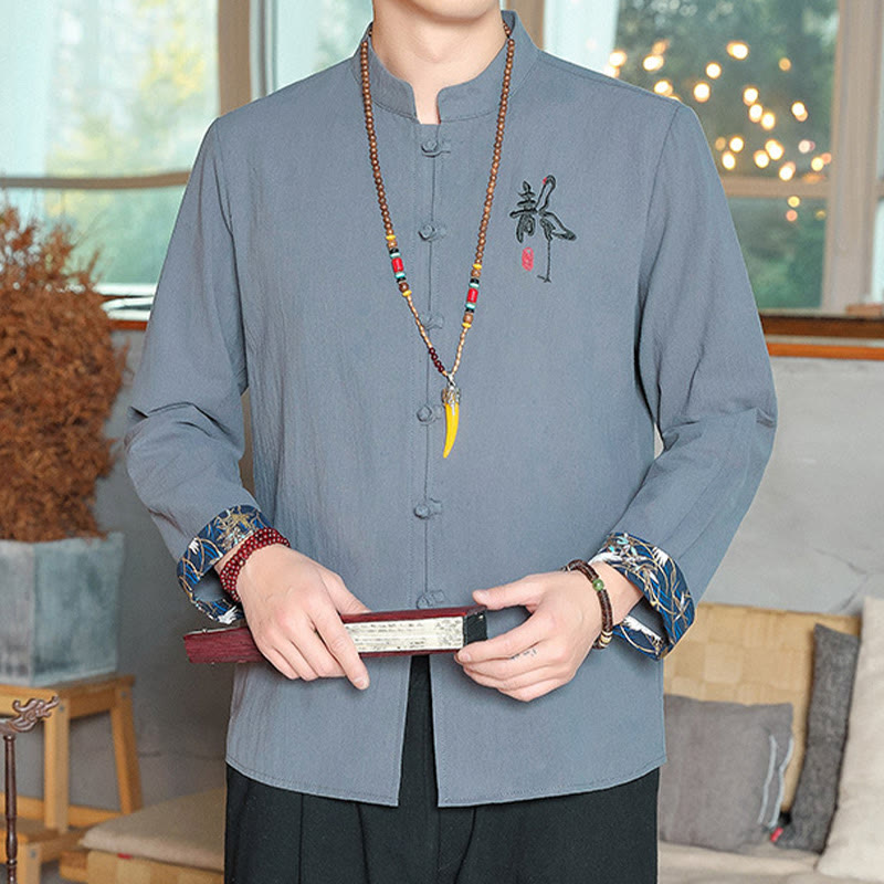 Buddha Stones Fall Solid Long Sleeve Frog-Button Shirt Linen Men Zen Clothing - image 12