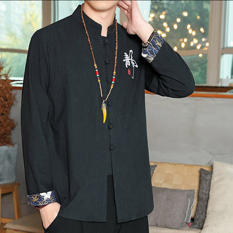 Buddha Stones Fall Solid Long Sleeve Frog-Button Shirt Linen Men Zen Clothing - image 16