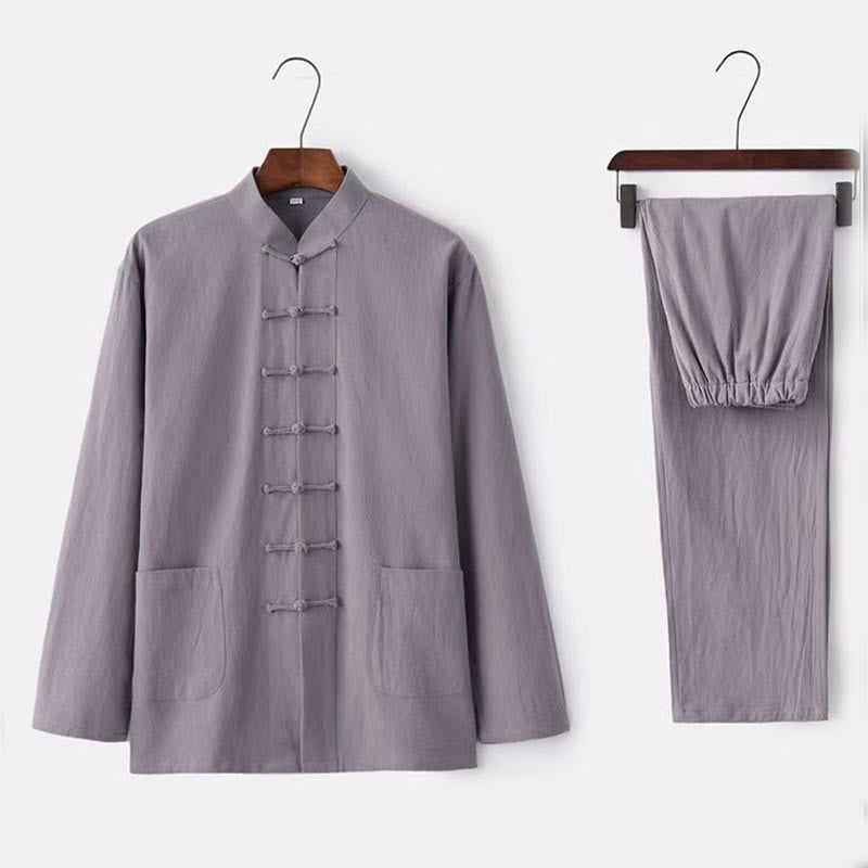 Buddha Stones 2Pcs Tang Suit Traditional Frog-Button Uniform Long Sleeve Shirt Pants Men's Set - Gainsboro - US/UK/AU46，EU56 (5XL) - image 3