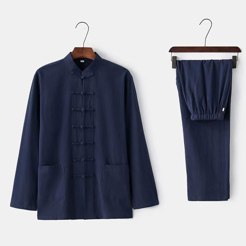 Buddha Stones 2Pcs Tang Suit Traditional Frog-Button Uniform Long Sleeve Shirt Pants Men's Set - Navy - US/UK/AU46，EU56 (5XL) - image 14