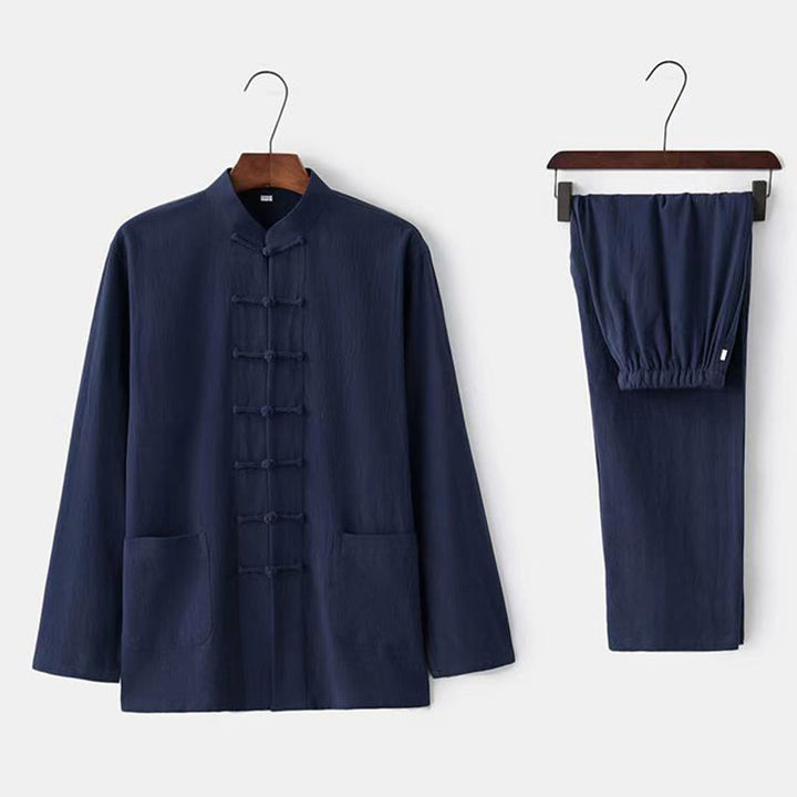 Buddha Stones 2Pcs Tang Suit Traditional Frog-Button Uniform Long Sleeve Shirt Pants Men's Set - Navy - US/UK/AU46，EU56 (5XL) - image 14