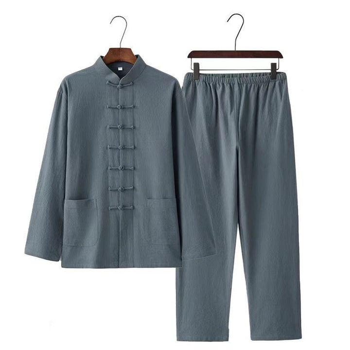 Buddha Stones 2Pcs Tang Suit Traditional Frog-Button Uniform Long Sleeve Shirt Pants Men's Set - image 13
