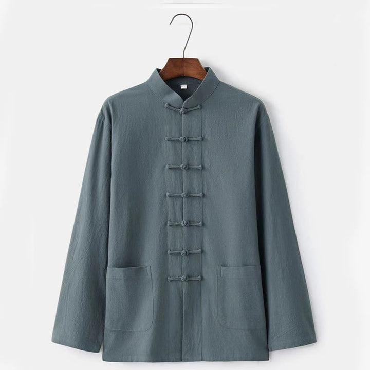 Buddha Stones 2Pcs Tang Suit Traditional Frog-Button Uniform Long Sleeve Shirt Pants Men's Set - image 9